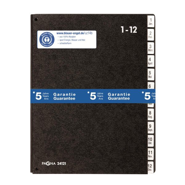 PAGNA Pultordner Classic DIN A4 1-12, Jan.-Dez. Hartpappe, 80 % recycelt schwarz 12 Fächer
