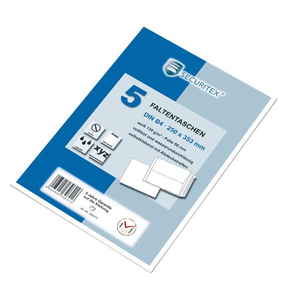 SECURITEX® Faltentasche DIN B4 250 x 353 mm (B x H) Breite des Bodens: 50mm ohne Fenster 130g/m² mit Haftklebung Papier weiß 5 St./Pack.