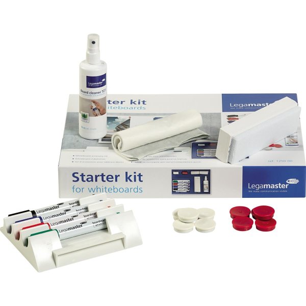 Legamaster Starterset Whiteboard 4 Boardmarker TZ 100 (schwarz, rot, blau, grün), 1 magnetischer Markerhalter, 1 kleiner Whiteboard-Löscher, 10 Löschblätter biologisch abbaubar, 1 Whiteboard- und Glasboard-Reiniger TZ 7 125 ml, 10 Haftmagnete Ø 30 mm