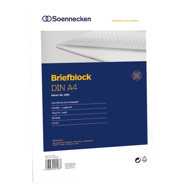 Soennecken Briefblock 1381 DIN A4 70g holzfrei 50Blatt liniert weiß