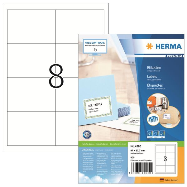 HERMA Universaletikett PREMIUM 97 x 67,7 mm (B x H) nicht wieder ablösbar Papier weiß 800 Etik./Pack.