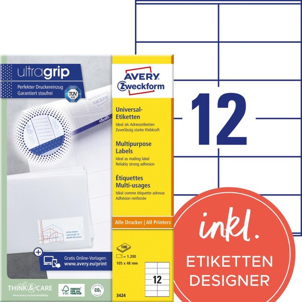 Avery Zweckform Universaletikett ultragrip 105 x 48 mm (B x H) nicht wieder ablösbar Papier weiß 1.200 Etik./Pack.