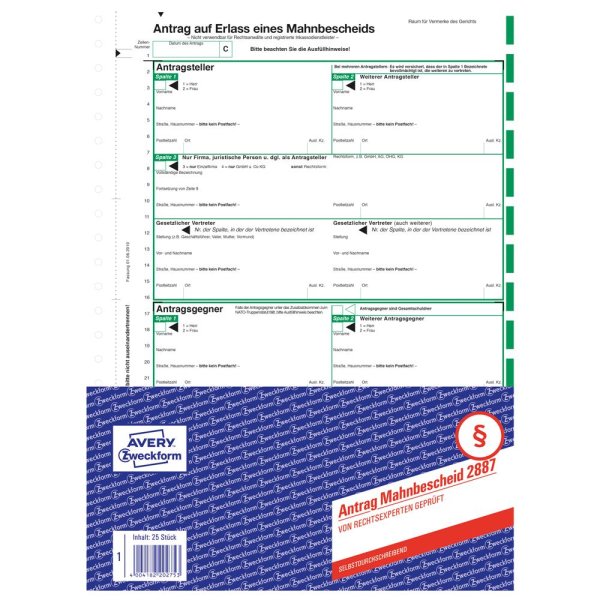 Avery Zweckform Mahnbescheid 2887 DIN A4 selbstdurchschreibend 1 Durchschlag 1 x 2 Bl.