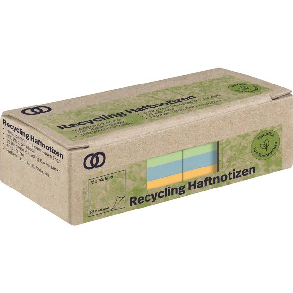 Soennecken Haftnotiz oeco Recycling 50 x 40 mm (B x H) grün, gelb, rosa, blau 100 Bl./Block 12 Block/Pack. (Farbe)
