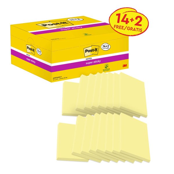 Post-it® Haftnotiz Super Sticky Notes Promotion 127 x 76 mm (B x H) gelb 90 Bl./Block 16 Block/Pack.
