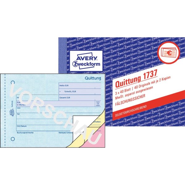 Avery Zweckform Quittung 1737 DI A6 mit MwSt SD 3x40Blatt