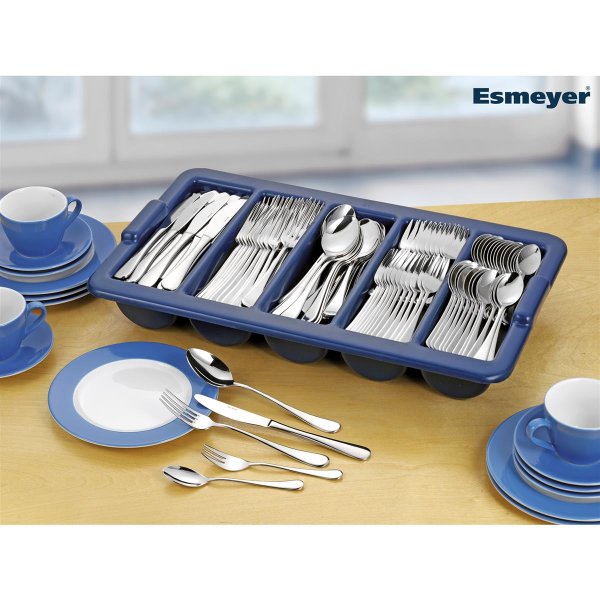 Esmeyer® Besteckgarnitur CELINE Mehrweg 36 x Menümessern, Menülöffeln, Menügabel, Kaffeelöffeln, Kuchengabeln, 1 x Besteckbehälter Edelstahl 18/10, poliert silber